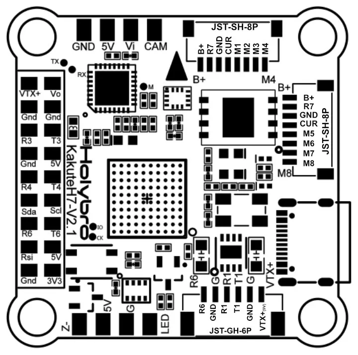 Holybro's official Kakute H7 V2 pinout diagram: the full pad map including the paired pad column, both JST-SH 8-pin ESC connectors, and the JST-GH 6-pin VTX plug