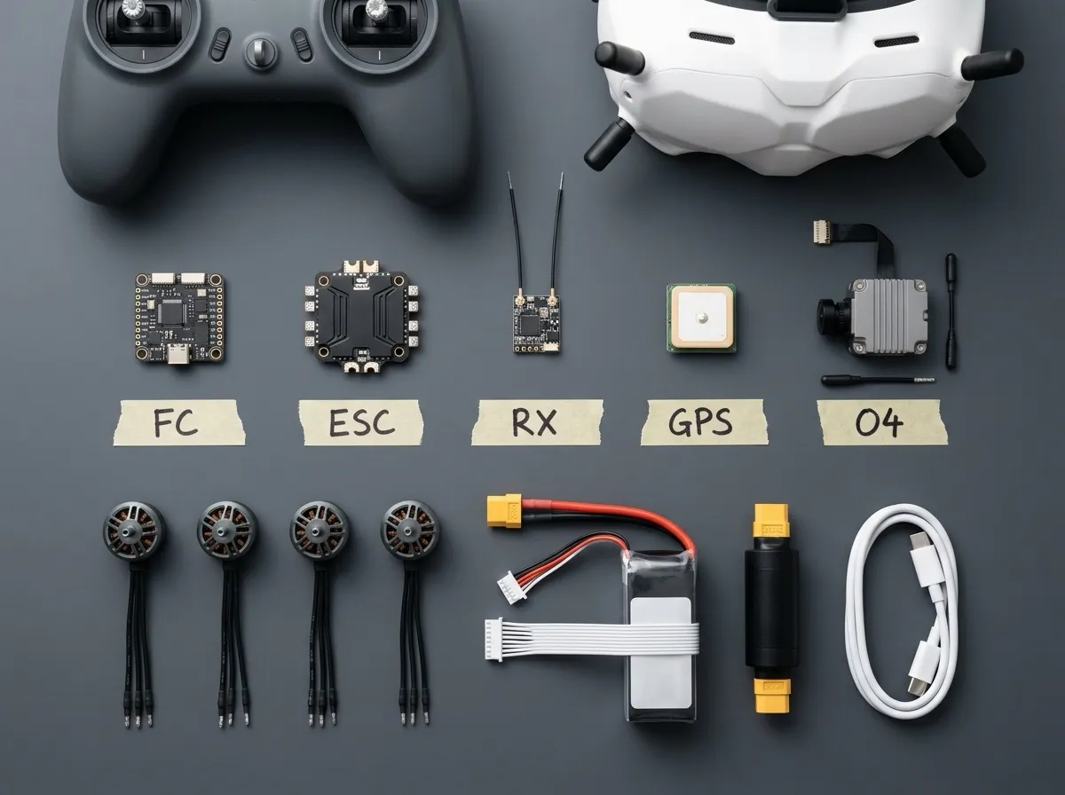 Flat-lay of all build components on a soldering mat with tape labels: flight controller, ESC, receiver, GPS, O4 air unit with camera, four motors, 6S battery, smoke stopper, USB-C cable, radio, and goggles
