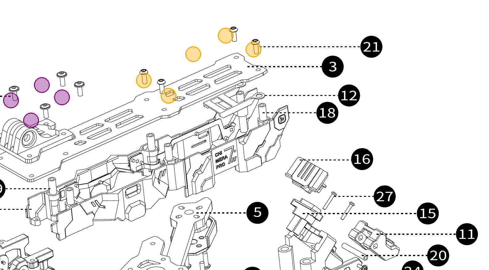 Exploded-view detail of the top plate seating onto the standoff stack with M3×8 wash-head and hex screws highlighted