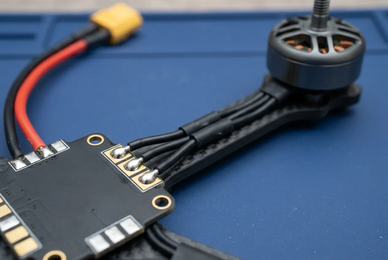 Close-up of one ESC corner with exactly three black motor phase wires soldered to its three pads, the wire bundle running through protective sleeves along a carbon arm to the motor