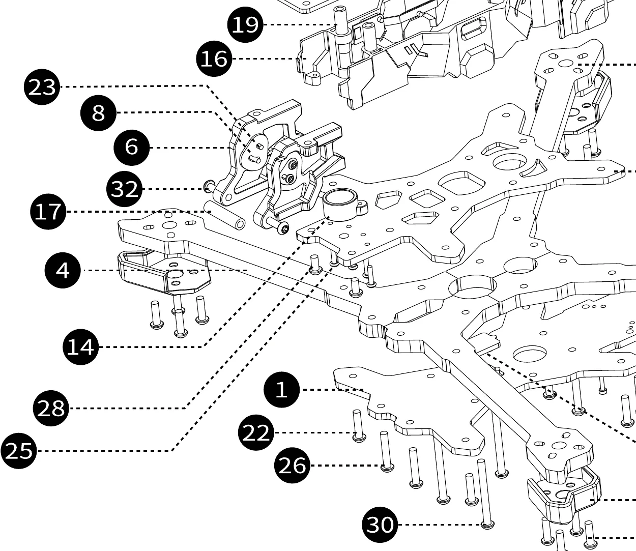 Exploded-view detail of the nose stack: GoPro bottom stand TPU, CNC and silicone camera side plates, and their M2 screws