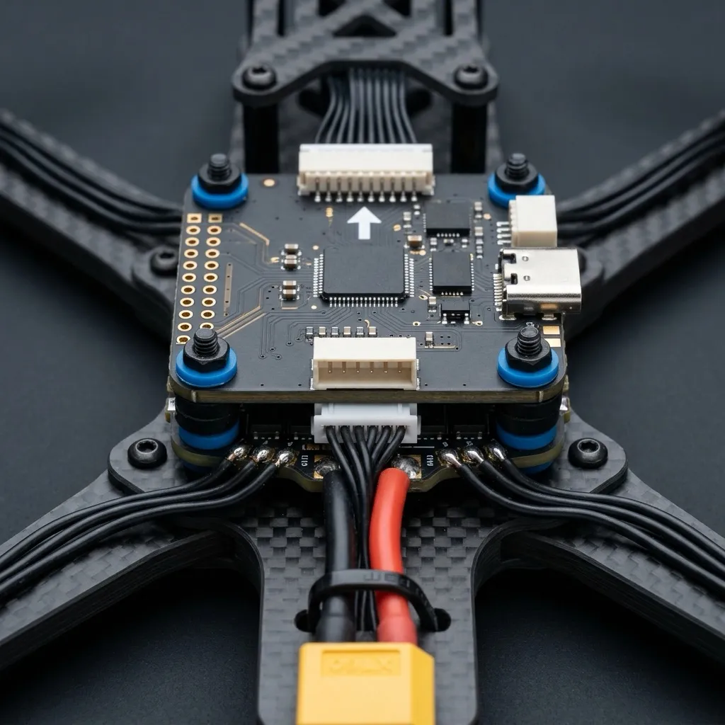 The two-board stack mounted at the frame center: ESC below with three phase wires per corner, FC on top with its arrow toward the nose, and the XT60 pigtail zip-tied toward the rear