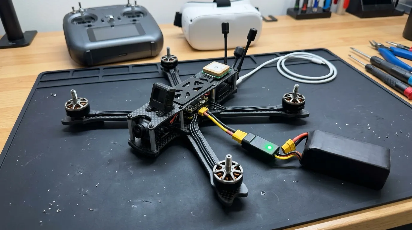 The finished drone on the bench for its first full power-on: props off, antennas mounted, battery connected through the inline smoke stopper, USB-C running to the computer