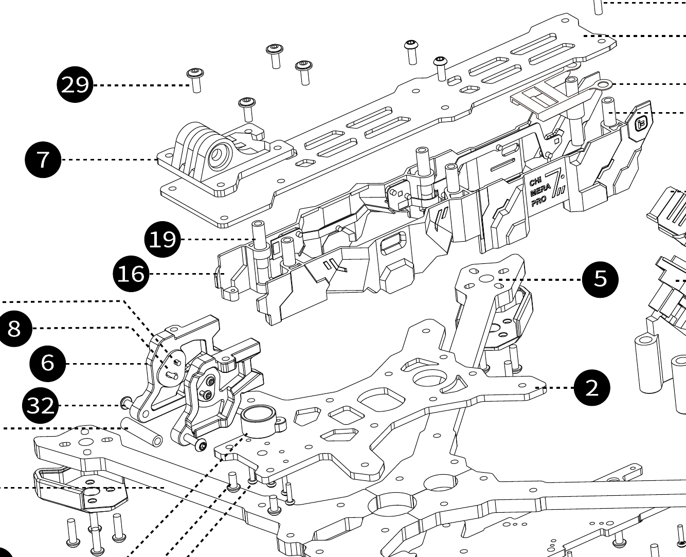 Exploded-view detail showing the M3×20, M3×23 and M3×30 standoffs rising from the bottom plate with the counter plate above