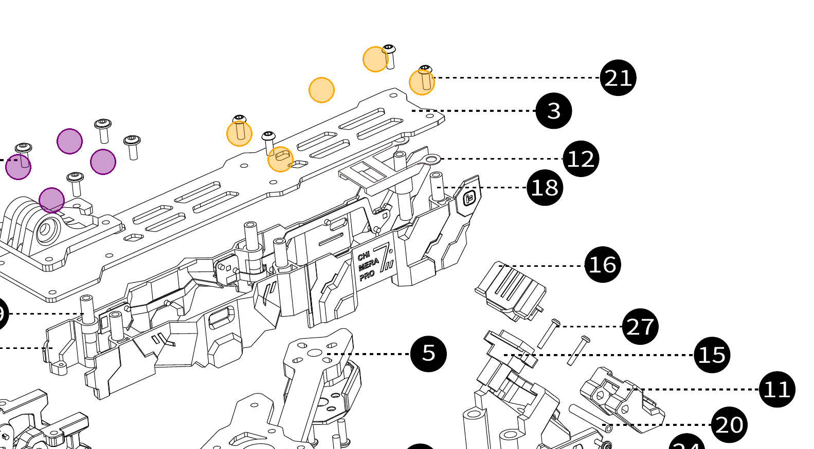 Exploded-view detail of the top plate seating onto the standoff stack with M3×8 wash-head and full-height M3×30 screws