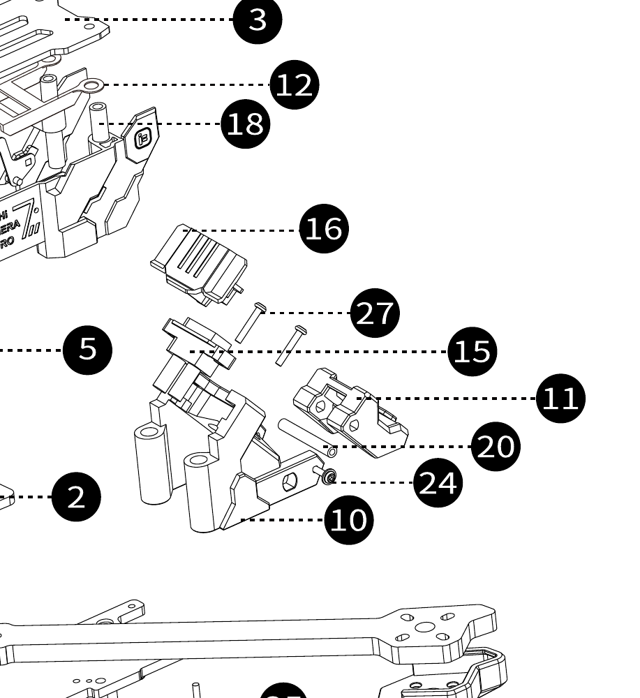 Exploded-view detail of the TPU GPS, antenna and receiver mounts with their M2×25 standoffs and M2 wash-head and self-tapping screws